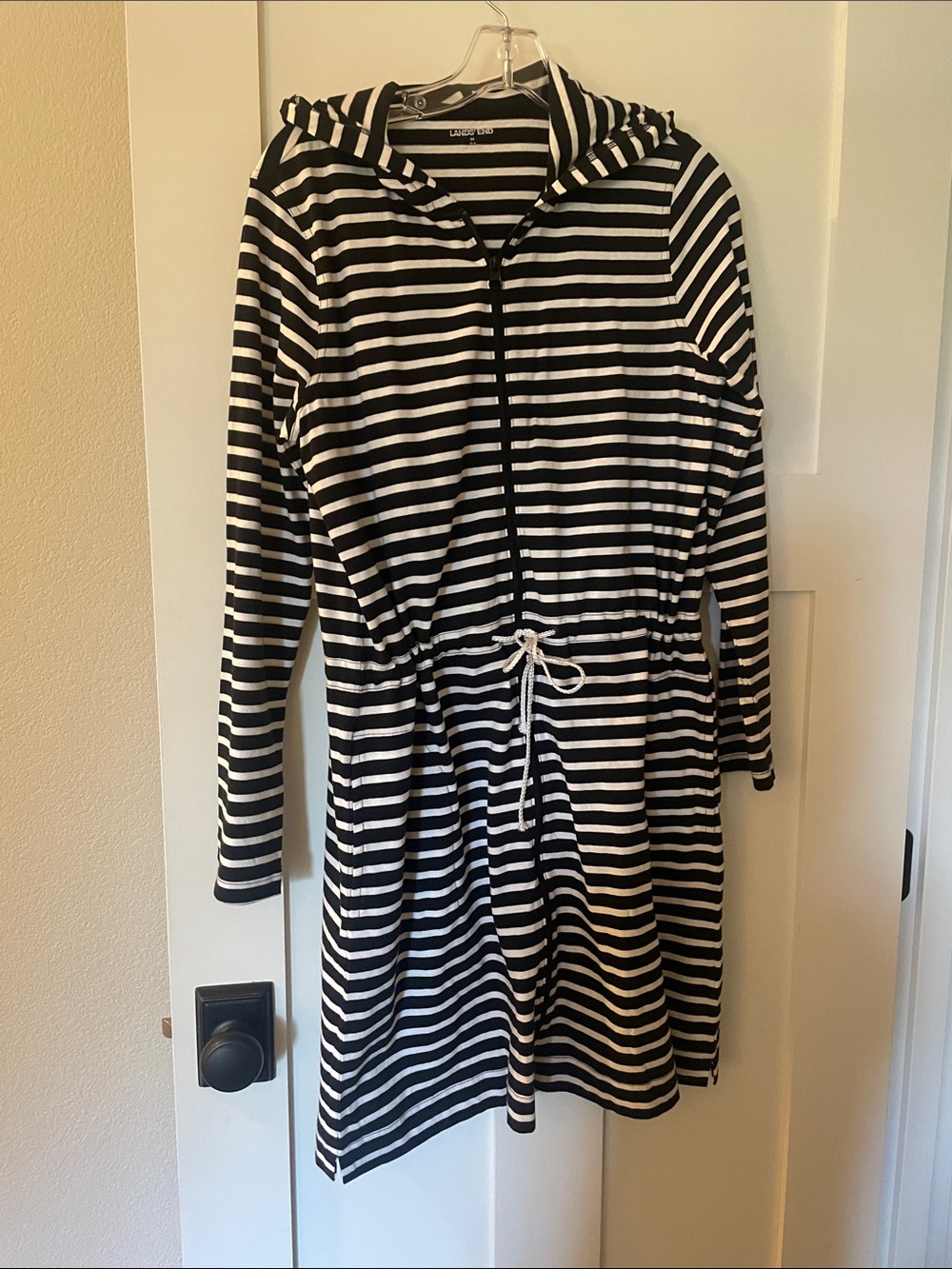 Lands' End Black and White Striped Hooded Drawstring Sweater